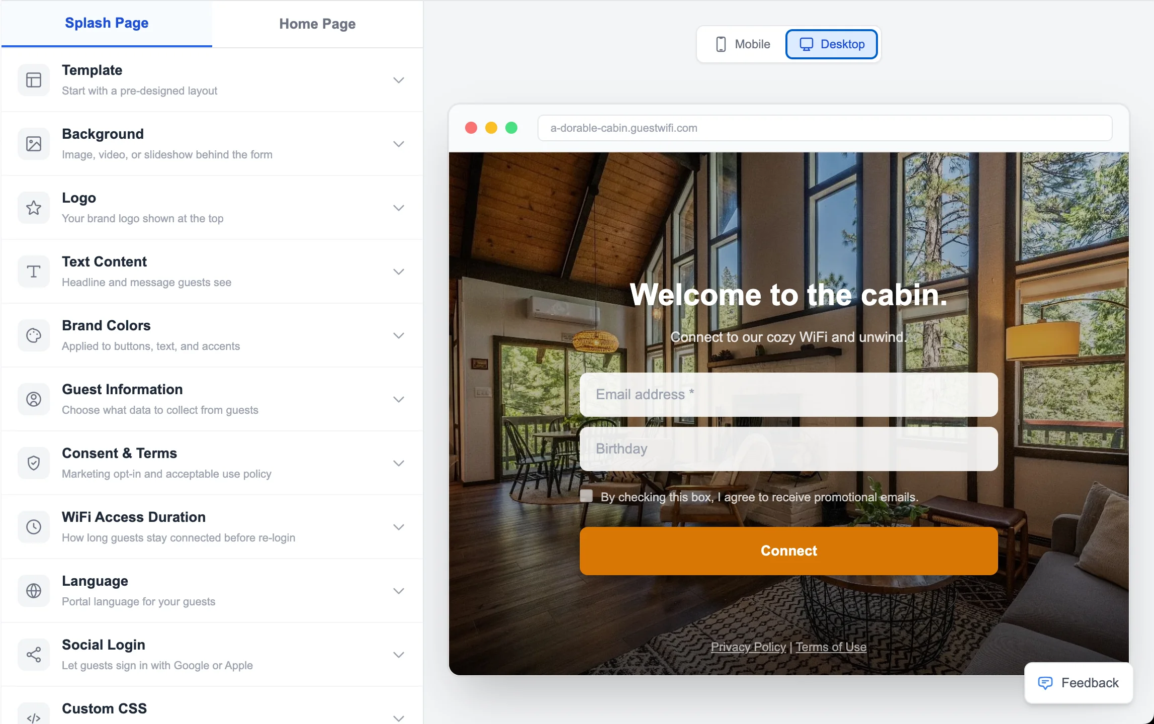 WiFi splash page editor for vacation rentals